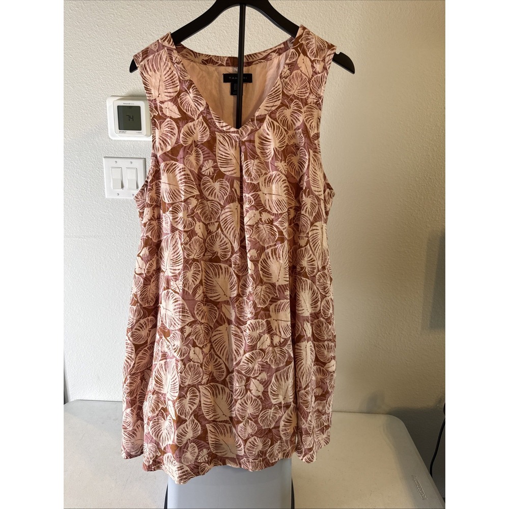 Tahari Women's Dress Pink Linen Sleeveless A-Line Tropical Palm Summer Size XL